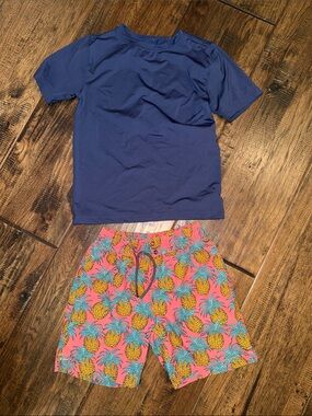 First Wave BOYS Pineapple Swim Trunks SIZE 4/5 + Navy Rash Guard SIZE 6/7.